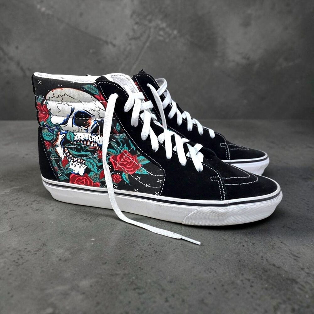 VANS SK8- Hi Tops SKULL ROSE Shoes Men's Size 11.5 Black Sneakers Canvas